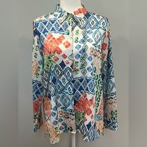 Chico's Women Long Sleeve Button Up Shirt Size 2 ( 12/14) Colorful Journey Print